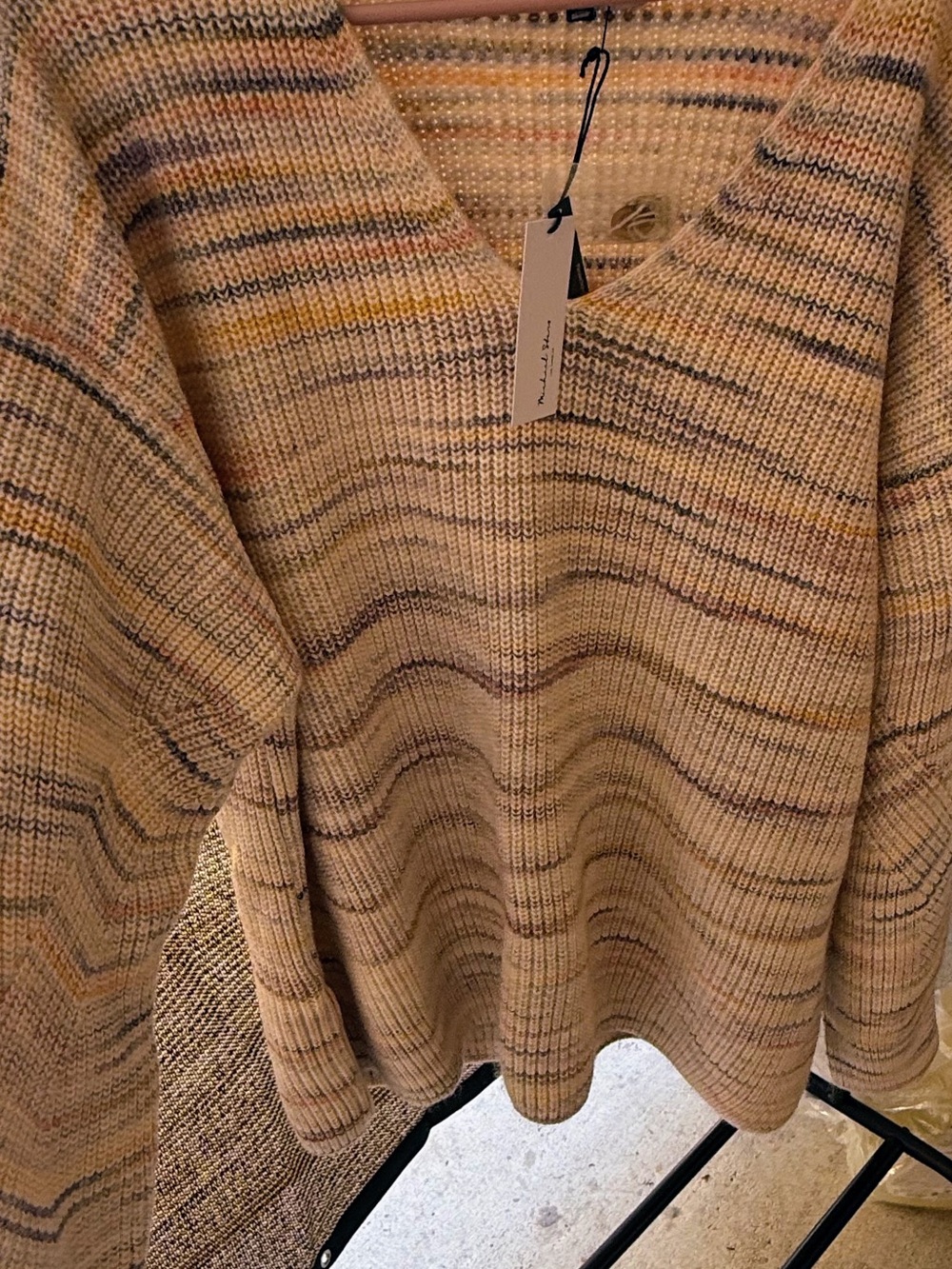 Michael Stars Beige Striped V-Neck Sweater with Subtle Multicolor Accents